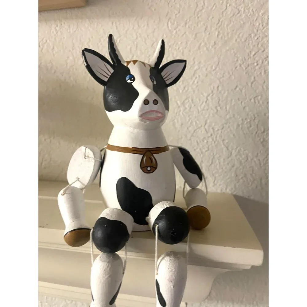 Vintage Handpainted Wood Cow Shelf Sitter Figurine~Signed Woodful ~Farmhouse